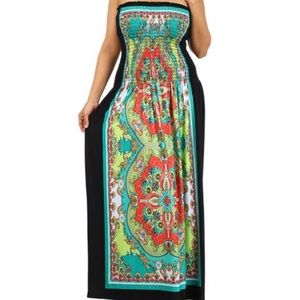 Green & Black Paisley Strapless Maxi Dress